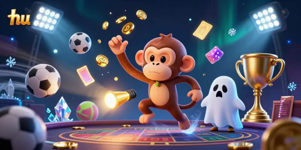 Engage with the playful scene of a mischievous poltergeist monkey juggling golden items at a haunted casino, highlighting hu dynamics.
