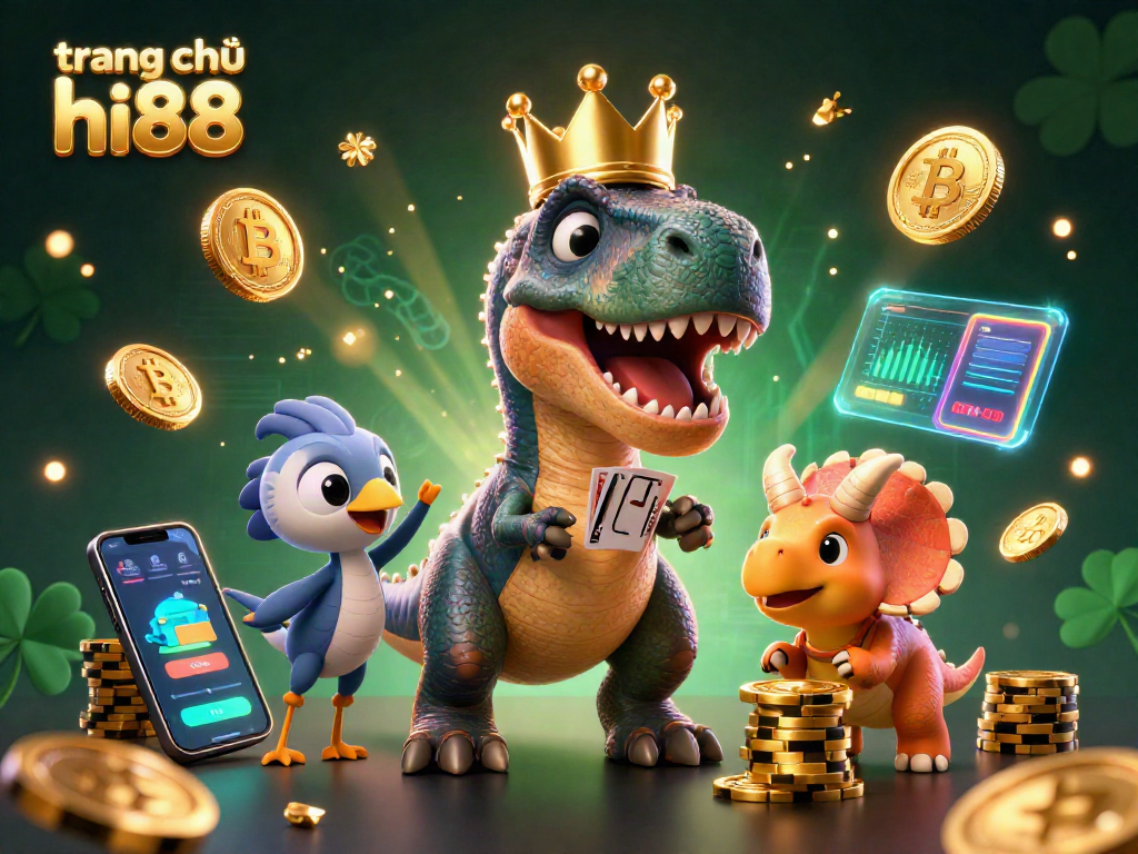Enjoy the vibrant action at trang chủ hi88 with T-Rex playing cards and baby triceratops stacking chips.