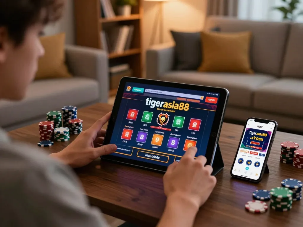 Engaging online gaming experience on the tigerasia88 site, featuring a cozy setup and strategic gameplay elements.