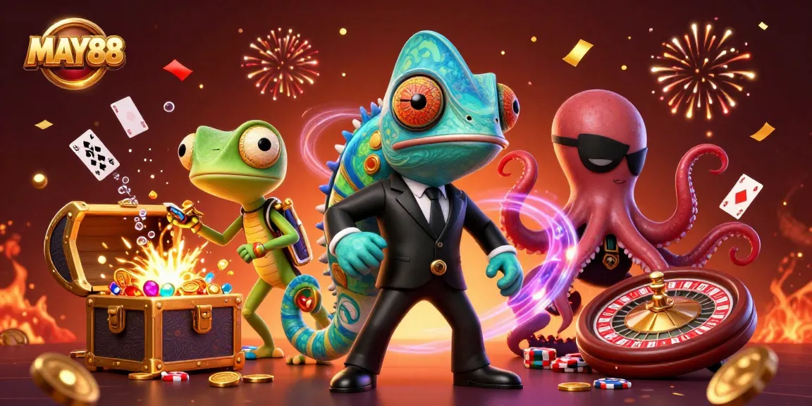 MAY88 illustrates an exciting casino scene with a secret agent chameleon and treasure, enhancing your gaming experience.