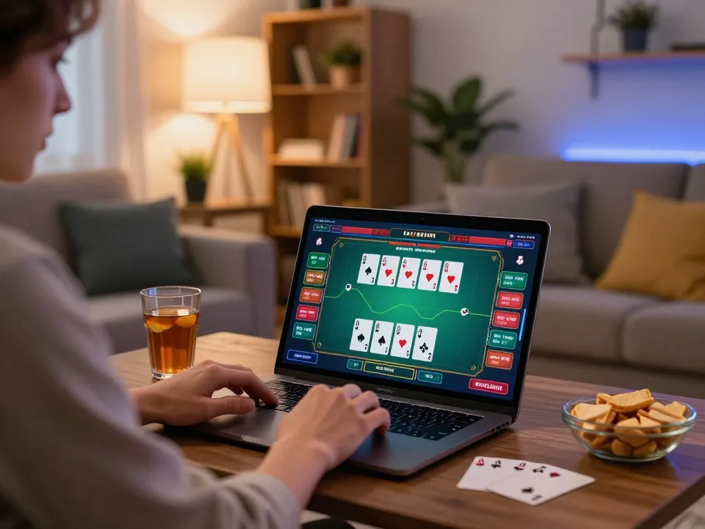 Player enjoying online poker at home on RR88's platform with engaging interface