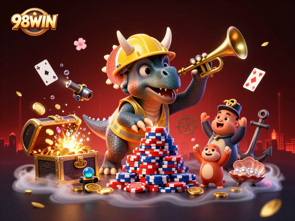 98WIN captures exciting moments of a vibrant casino scene with poker chips and joyful characters.