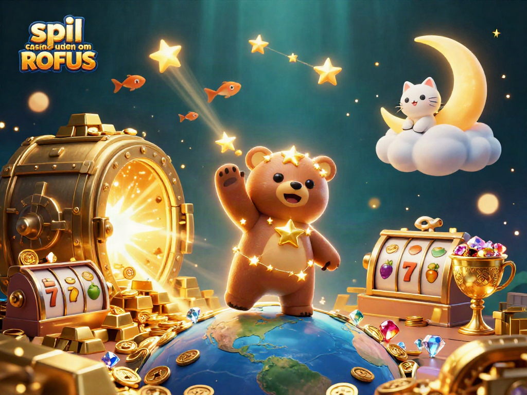 Experience thrilling spins at spil casino uden om ROFUS with vibrant 3D characters in a dynamic casino scene.