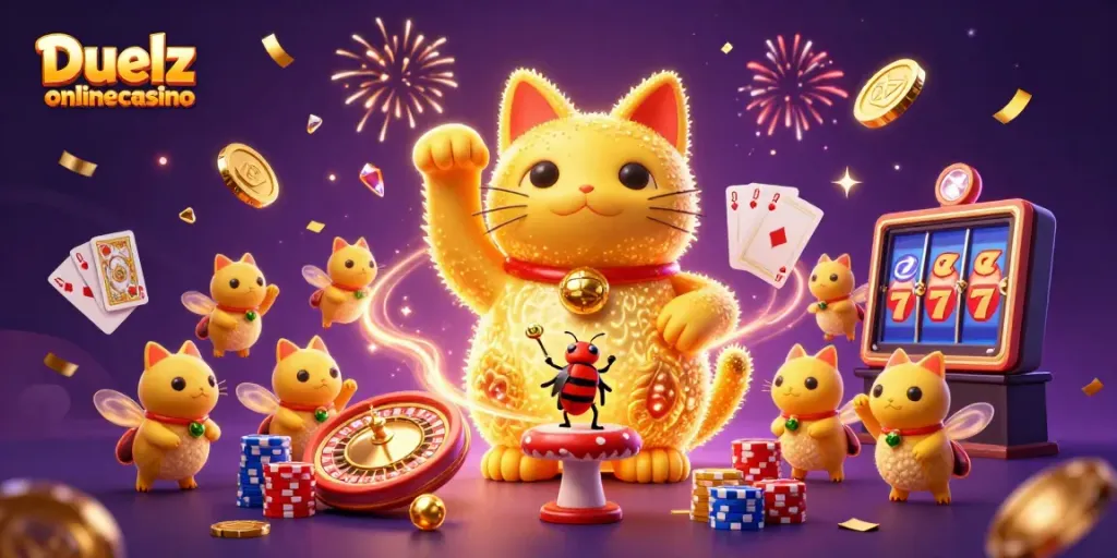 Duelz onlinecasino får liv med en väldefinierad kattsymbol och gnistrande mynt i en festlig scen.