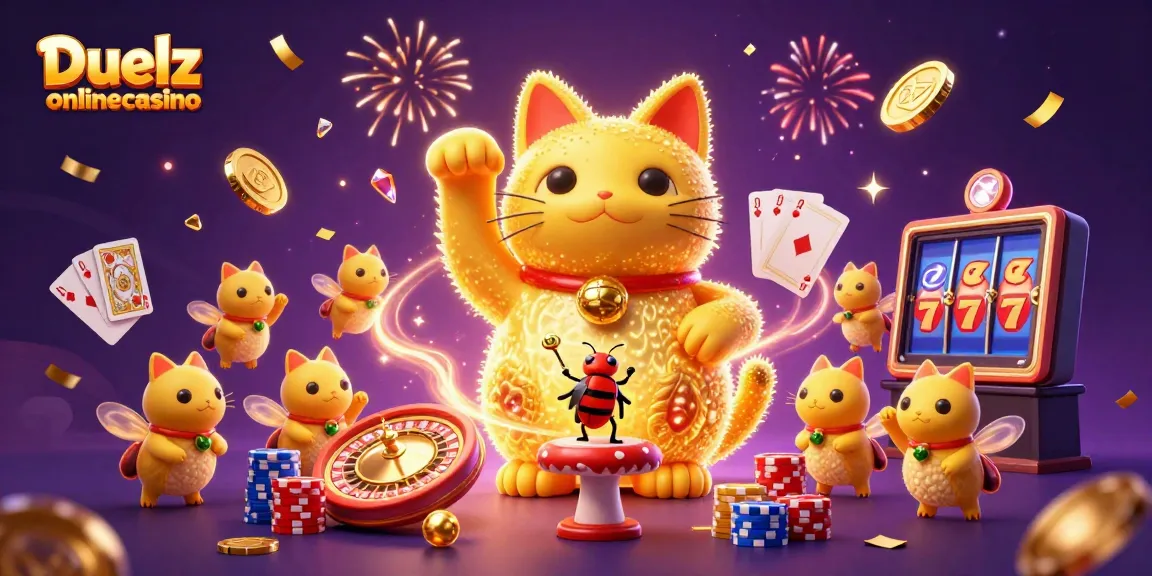 Duelz onlinecasino får liv med en väldefinierad kattsymbol och gnistrande mynt i en festlig scen.