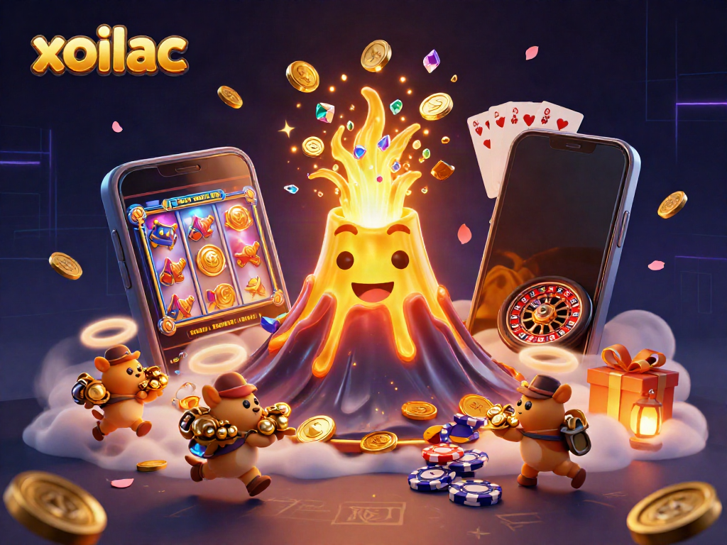 Experience the thrill of xoilac with vibrant casino elements and a triumphant golden volcano.