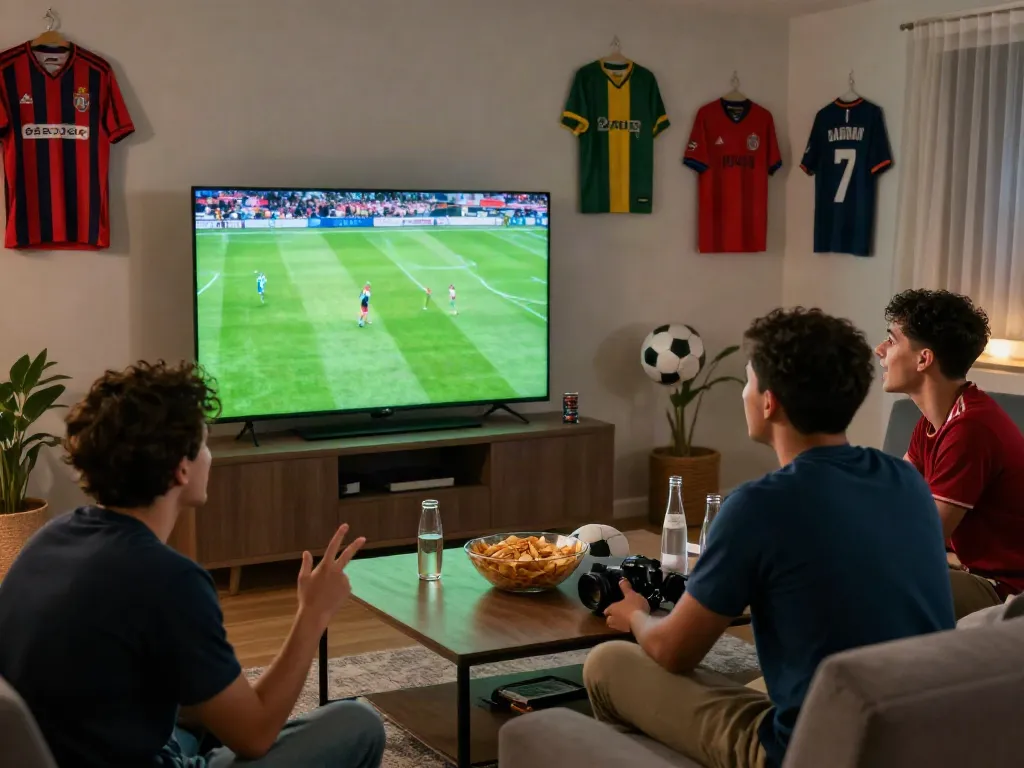 Friends enjoying football match on CakhiaTV in a lively living room atmosphere.