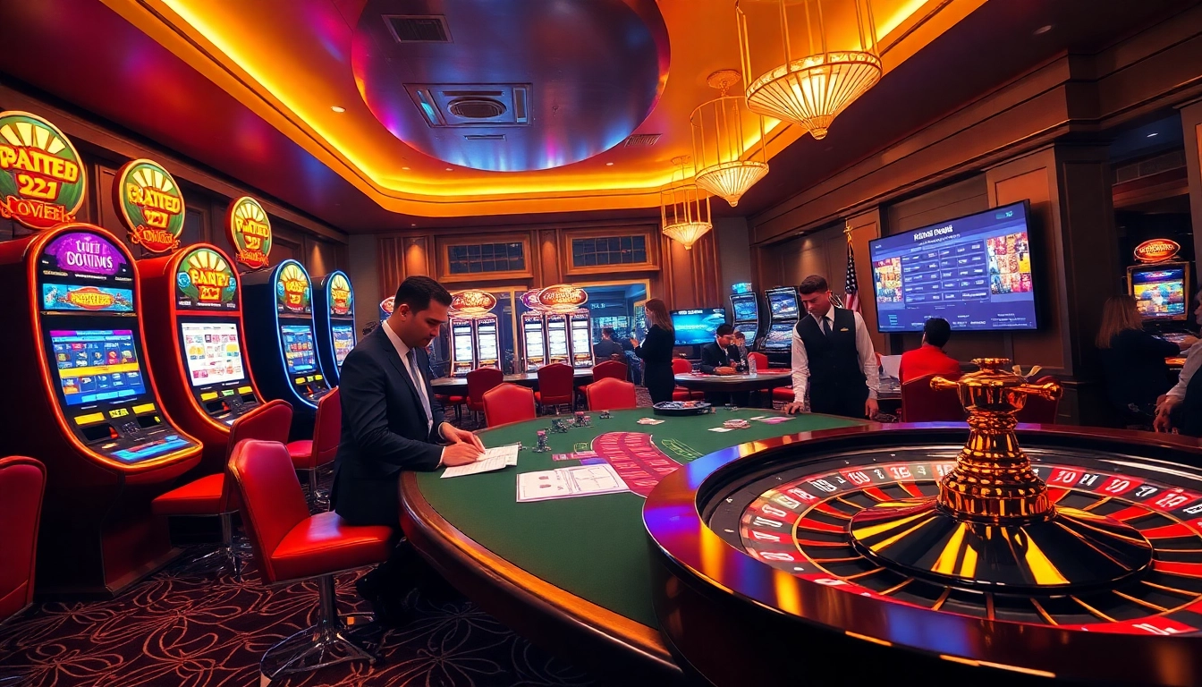Experience the thrill of gambling at XX88 casino tables with vibrant slot machines and lively players.