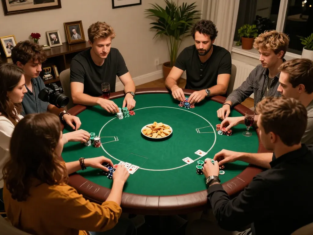 Players enjoying poker night at home on 98win, showcasing chips and cards in action.