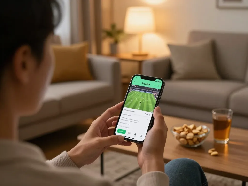 Socolive user enjoying live soccer streaming on smartphone in a cozy living room.