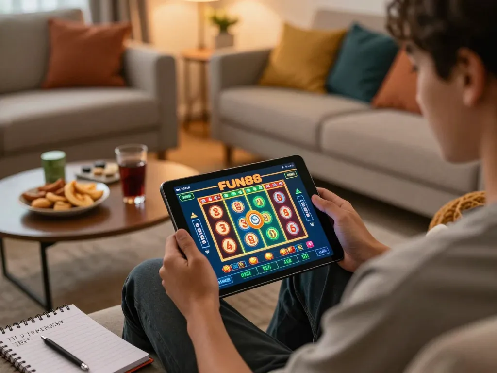 Player enjoying FUN88 online casino on tablet in cozy home setting with snacks and strategy notes.