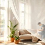 Installering af myggenet i et lyst rum med store vinduer, der beskytter mod insekter.