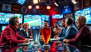 Commentators engaged in sports broadcasting discussion in a lively studio setting.