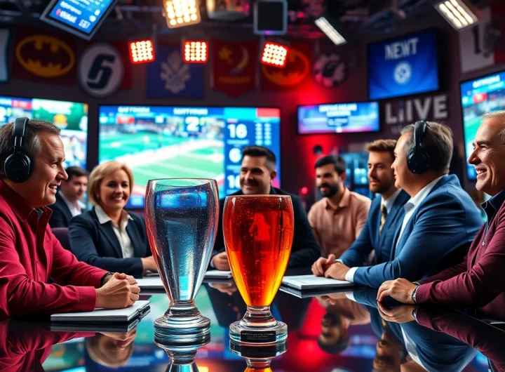 Commentators engaged in sports broadcasting discussion in a lively studio setting.