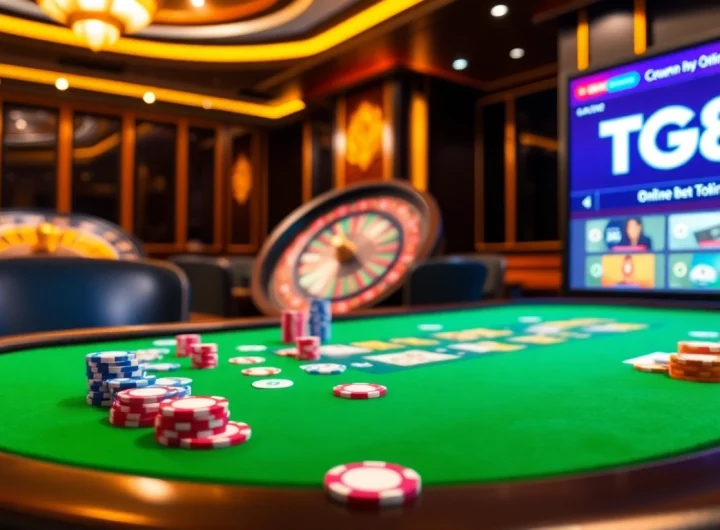 TG88 casino features engaging gameplay with poker chips, cards, and a dynamic roulette wheel.