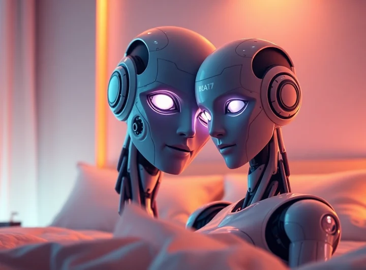 Intimate scene featuring a lifelike sex bot in a cozy bedroom, merging technology and intimacy.