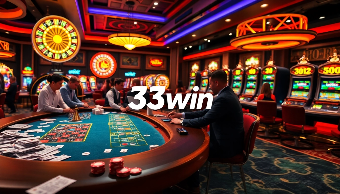 Experience the excitement of 33win at a vibrant casino scene with poker, roulette, and slot machines.