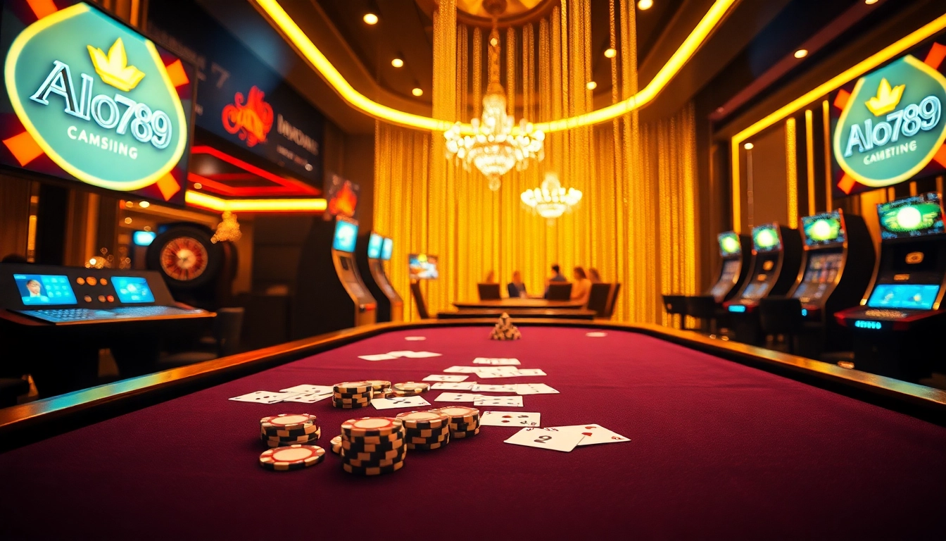 Alo789 offers an exciting online gambling experience with vibrant casino tables and poker chips.