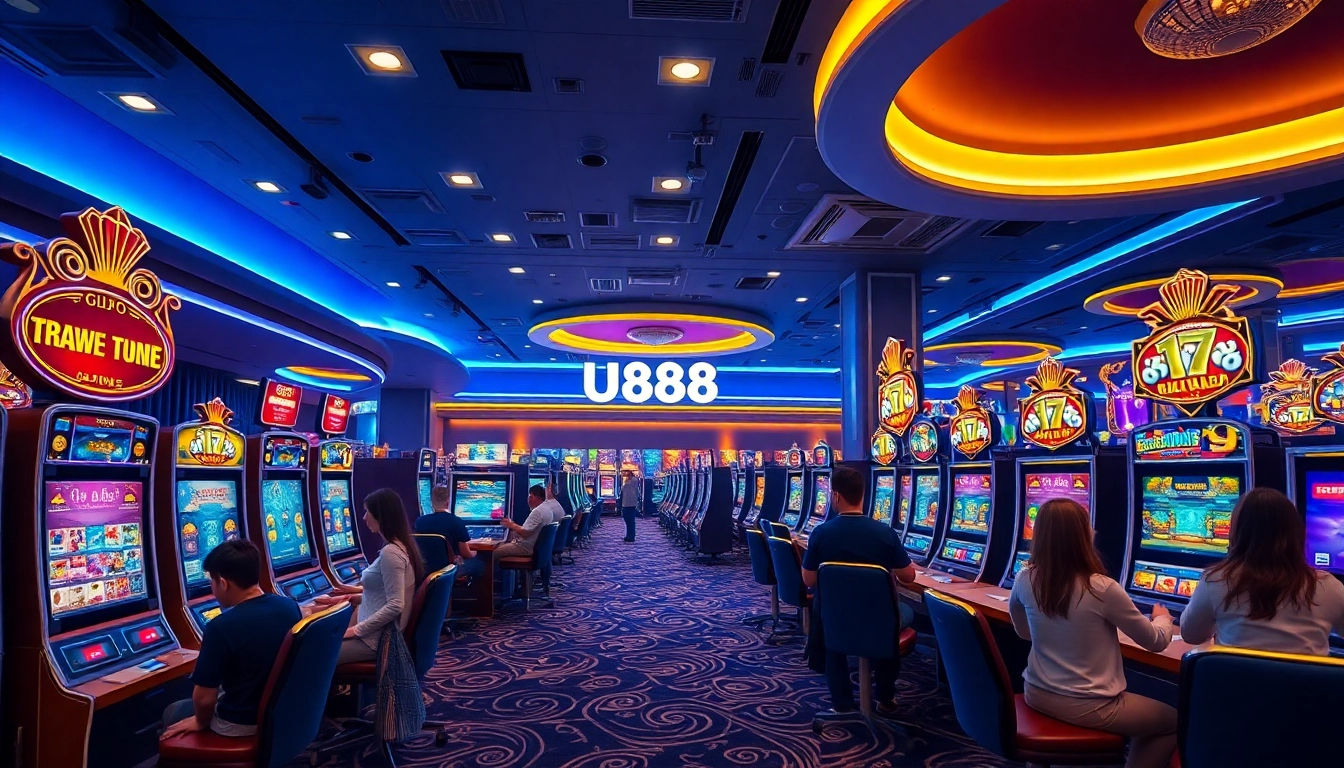 U888 online casino gaming space with players engaged at vibrant slot machines, showcasing excitement and luxury.