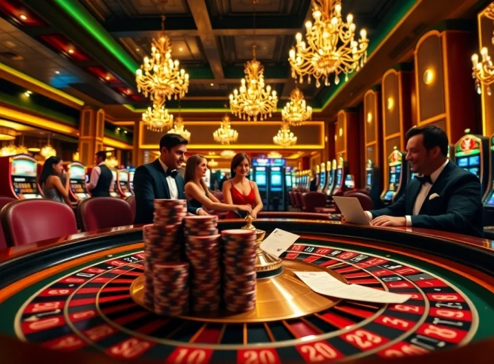 Players engaging in high-stakes roulette at a luxurious casino, highlighting Link vào fc88 with vibrant decor.