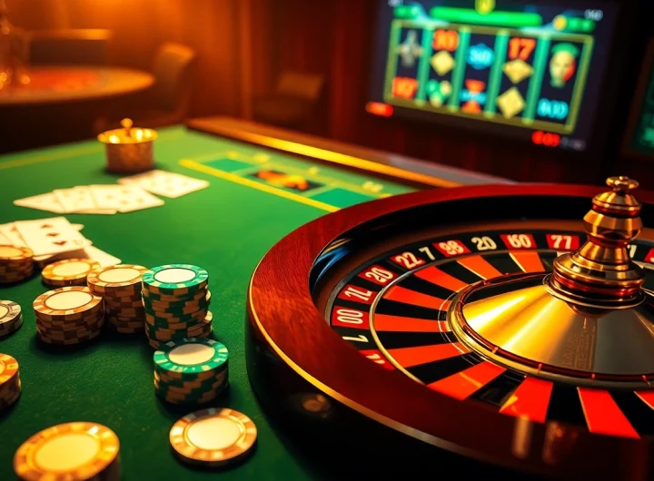 An exciting casino scene featuring gg88.ltd poker and roulette games, showcasing vibrant colors and dynamic play.