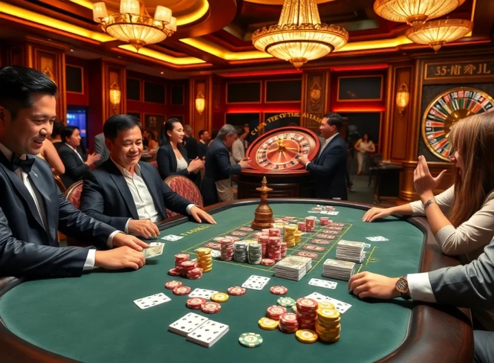 A thrilling poker game scene showcasing professional players and a vibrant atmosphere at the casino. Link vào one88 highlights strategic betting.