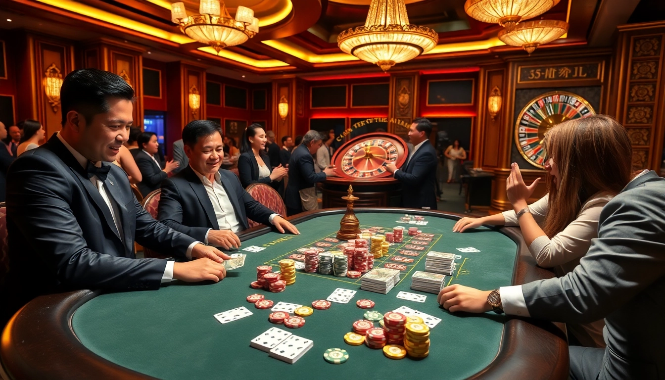 A thrilling poker game scene showcasing professional players and a vibrant atmosphere at the casino. Link vào one88 highlights strategic betting.