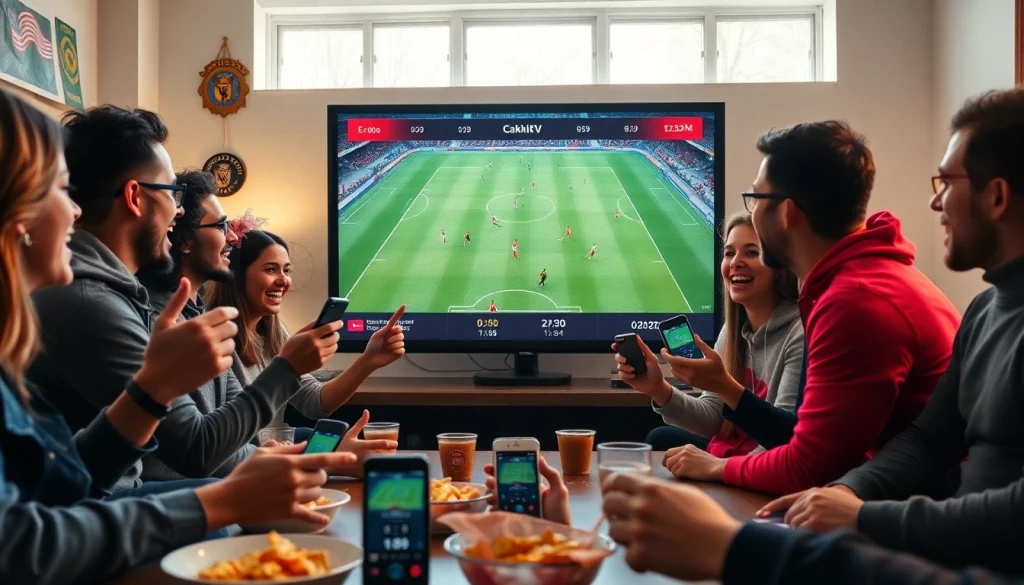 Cakhia TV stream view with friends cheering for football match, showcasing excitement and camaraderie.
