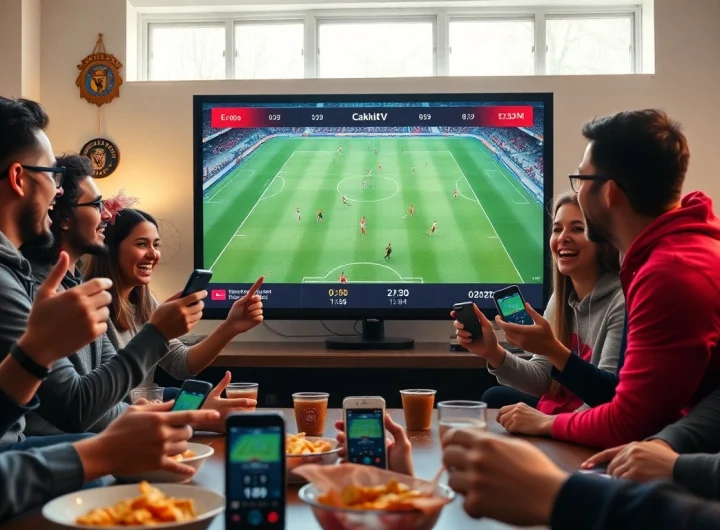 Cakhia TV stream view with friends cheering for football match, showcasing excitement and camaraderie.