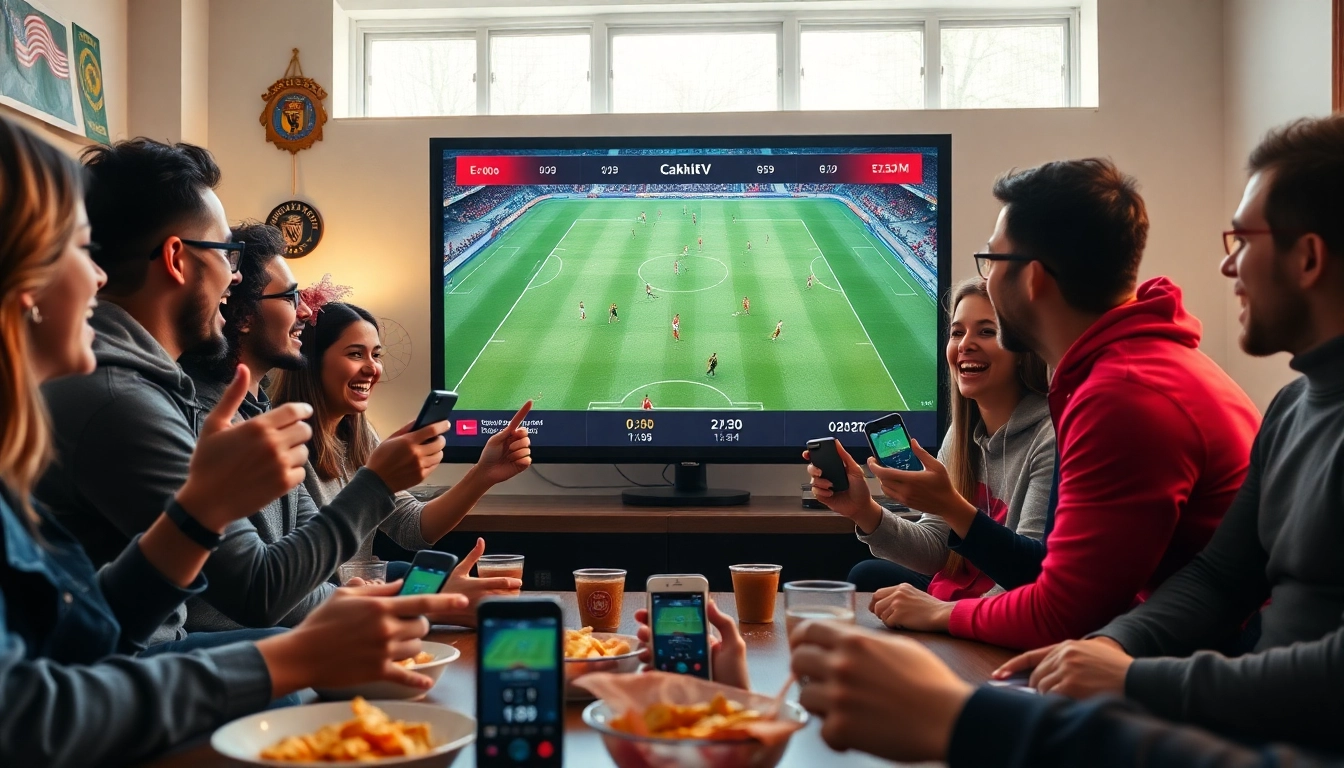 Cakhia TV stream view with friends cheering for football match, showcasing excitement and camaraderie.