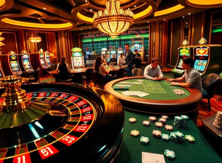 Exciting casino scene showing players at a poker table engaged with Link vào cwin and vibrant slot machines in the background.