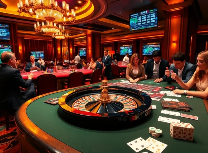 E2bet gaming table with poker chips and cards, creating a vibrant casino atmosphere.