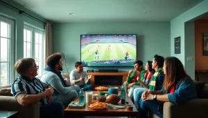Xoilac TV fans enjoying live football streaming in a vibrant living room setting.