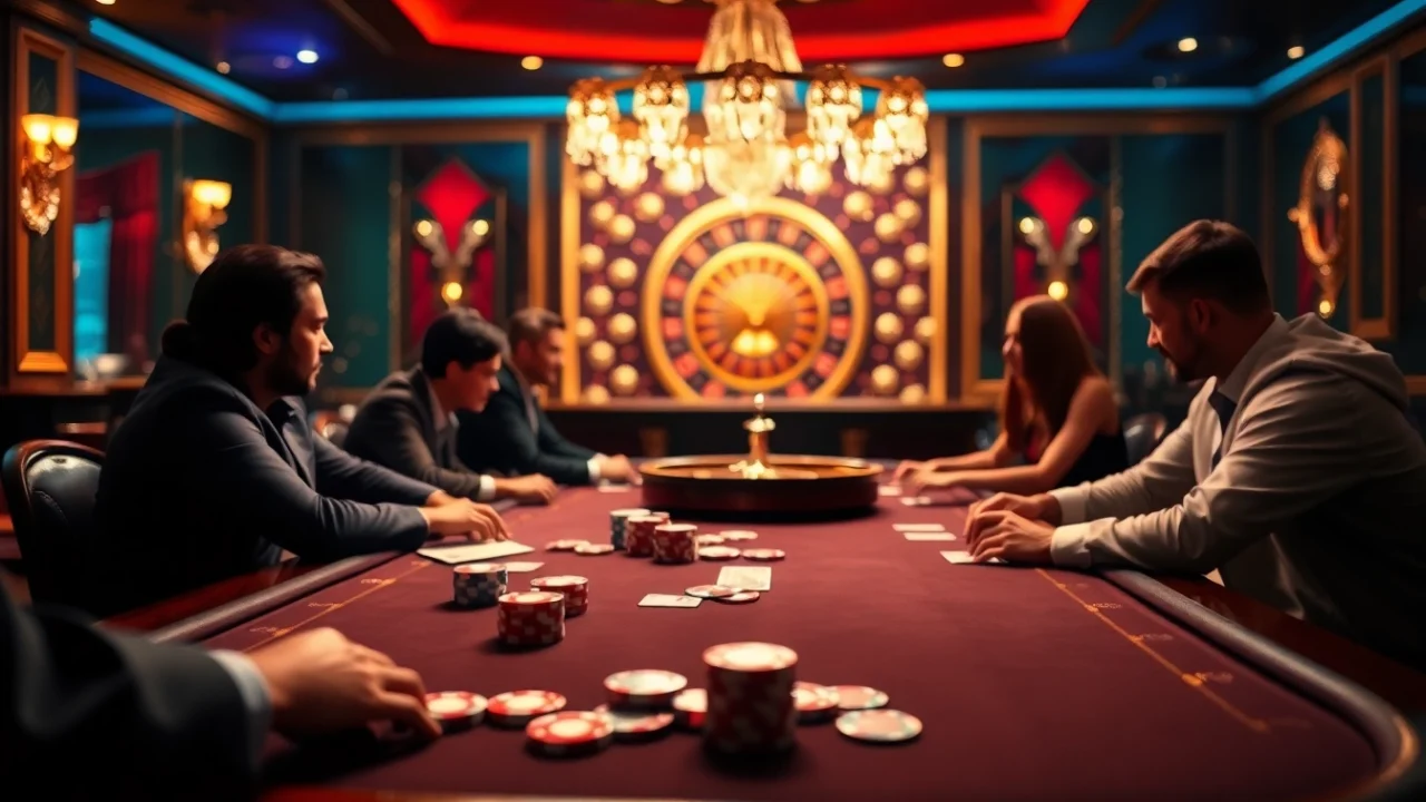 A thrilling poker table scene emphasizing high stakes and excitement at df9996.com with vibrant lighting and detailed gameplay.
