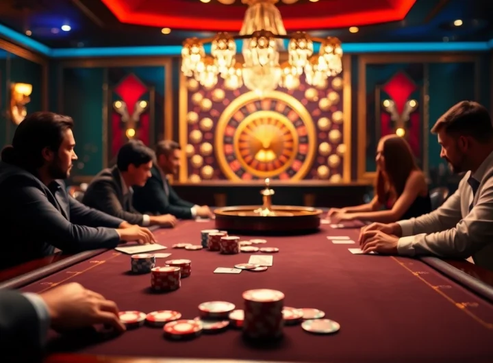 A thrilling poker table scene emphasizing high stakes and excitement at df9996.com with vibrant lighting and detailed gameplay.