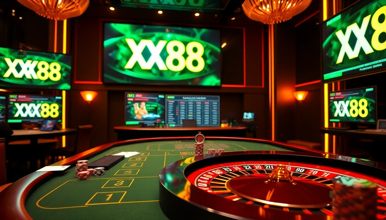 Exciting XX88 online casino atmosphere with a roulette table and vibrant poker chips.