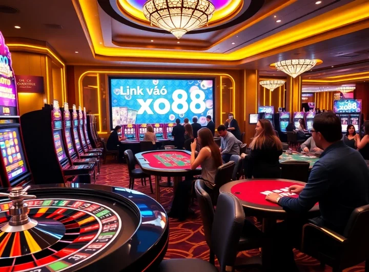 Experience thrilling games with Link vào xo88 at an upscale casino setting, showcasing vibrant slots and poker tables.
