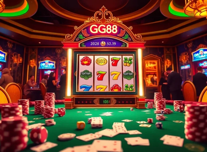 Experience the thrill of the GG88 slot machine surrounded by vibrant casino elements and excited players.