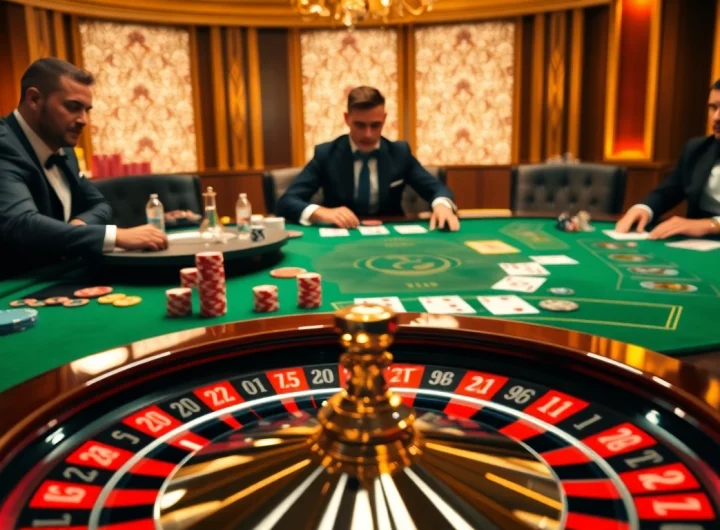 Experience the thrill of casino gaming with "Link vào fb88" in a luxurious environment featuring vibrant game tables and spinning roulette.