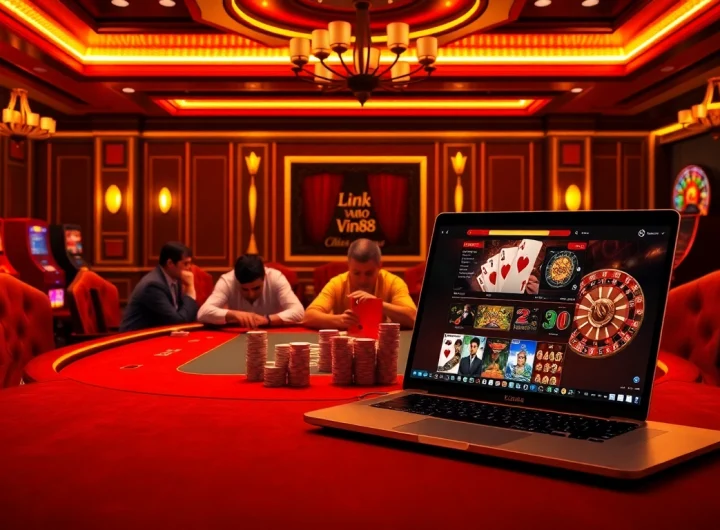 Engaging poker game at an online casino with Link vào vin88 displayed on a sleek laptop.