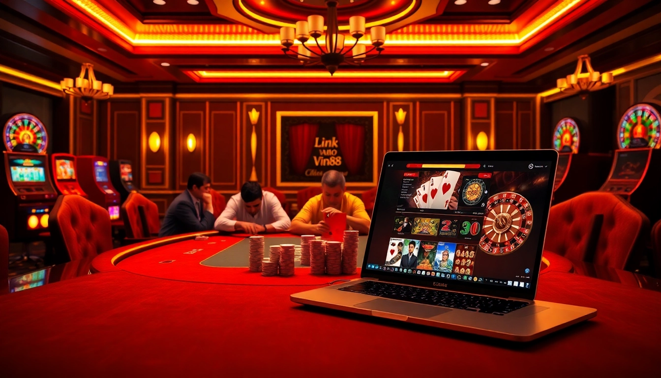 Engaging poker game at an online casino with Link vào vin88 displayed on a sleek laptop.