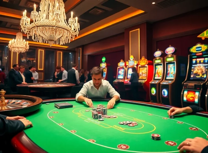 Experience the thrill of gambling at Link vào lucky88 with an exciting casino scene featuring poker and roulette.