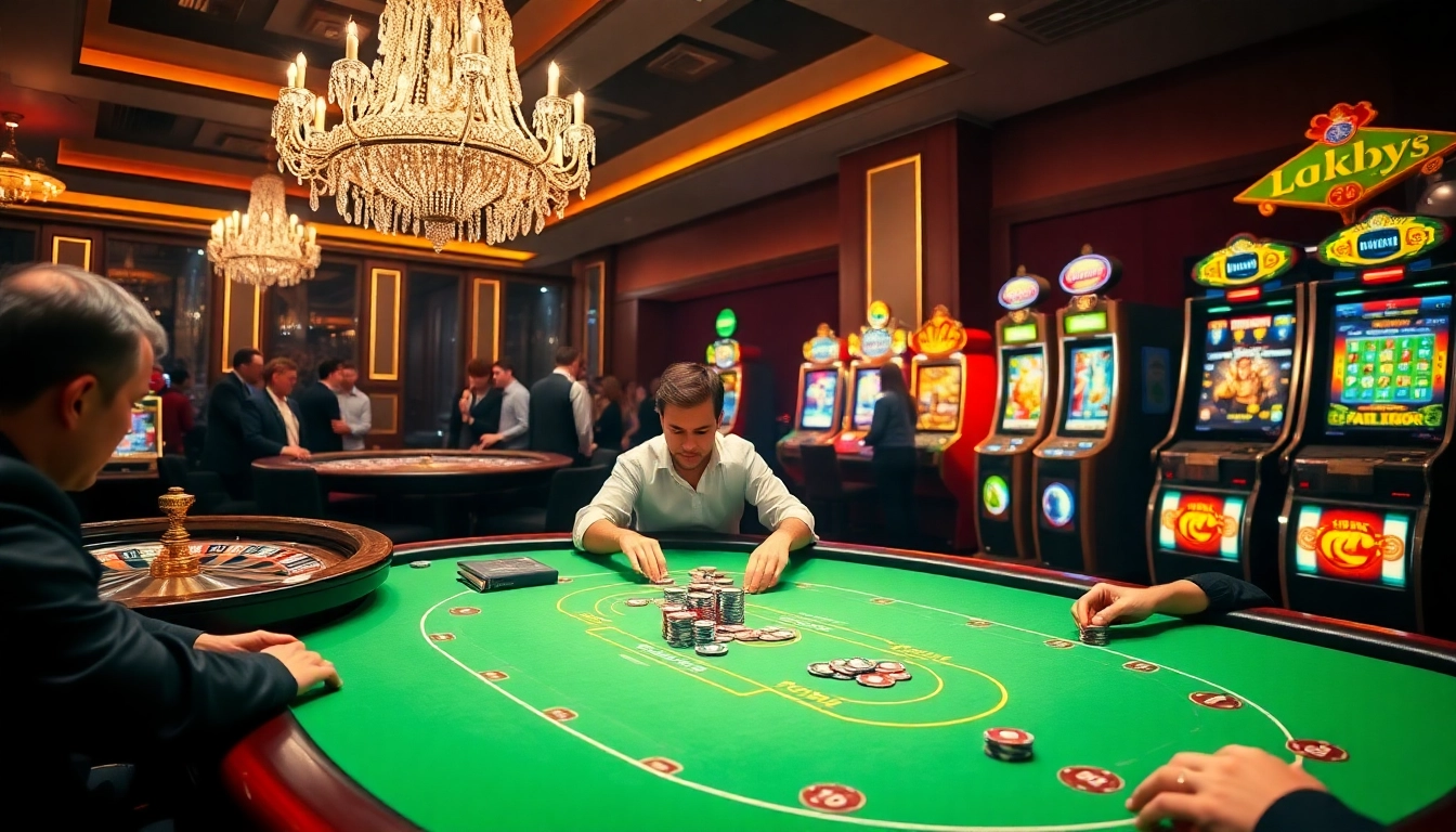 Experience the thrill of gambling at Link vào lucky88 with an exciting casino scene featuring poker and roulette.