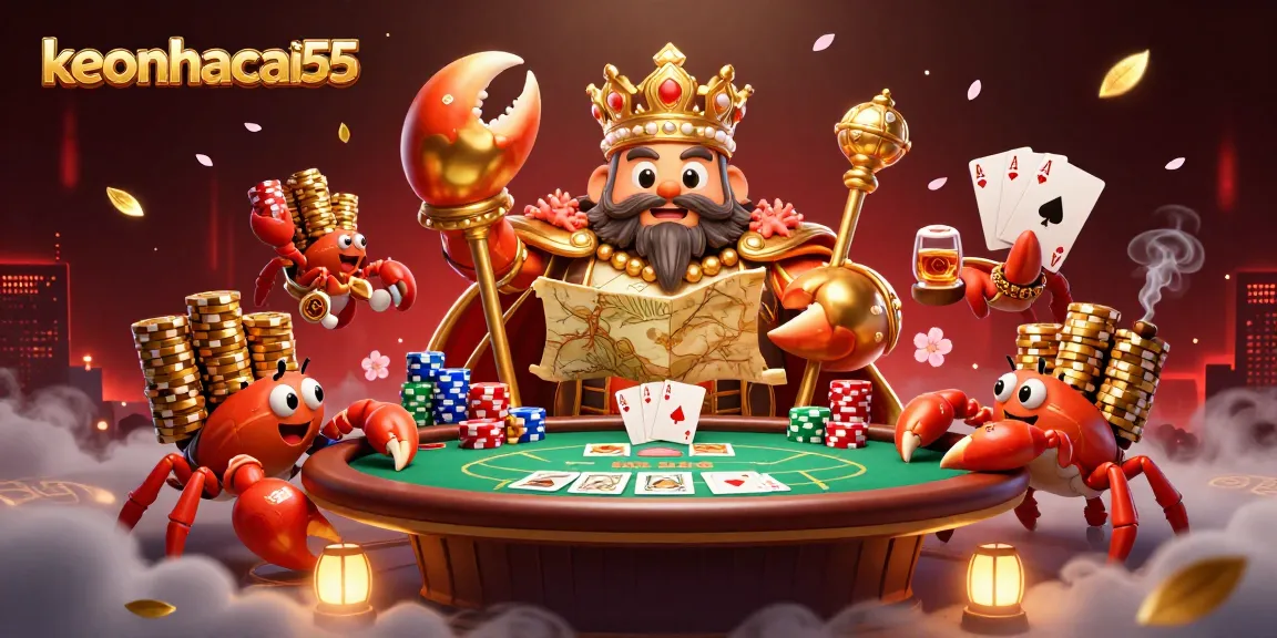 Bet on keonhacai55 with a vibrant scene showcasing a golden crab emperor and poker elements.