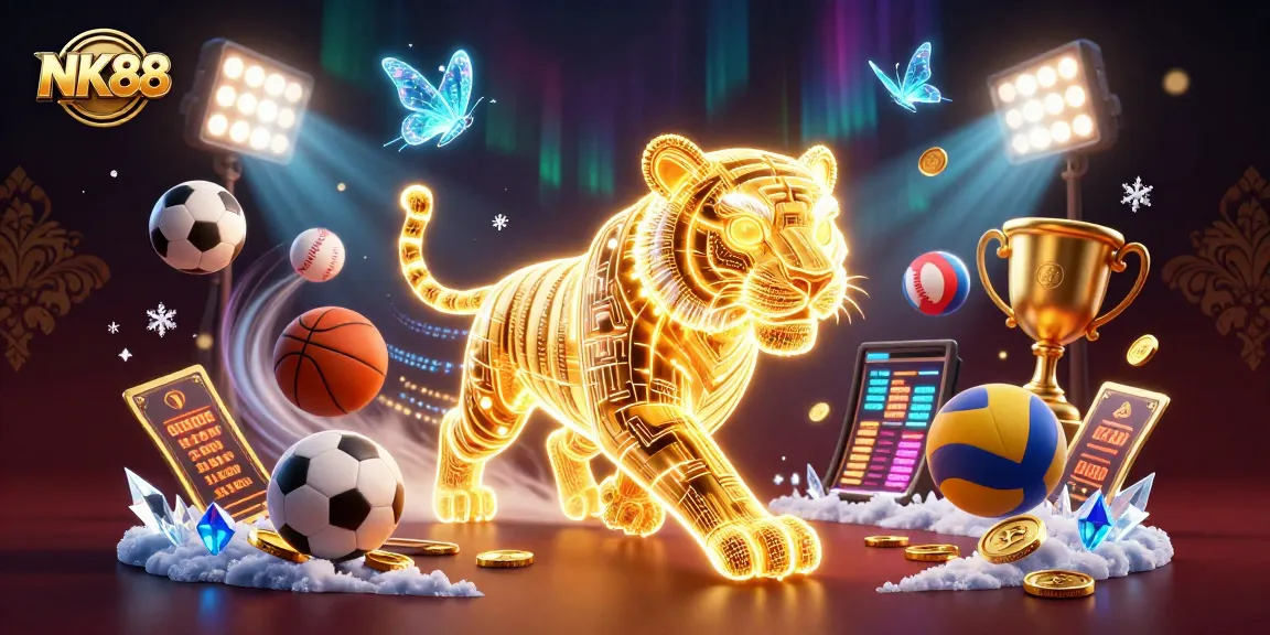 Play exciting games with NK88's vibrant digital casino featuring brilliant neon energy and holographic elements.