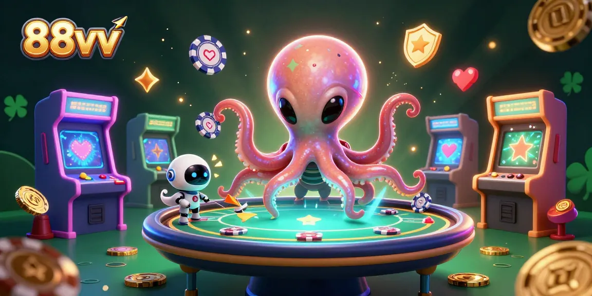 Engage with 88vv while a cartoon alien octopus operates a holographic poker table amidst vibrant casino elements.