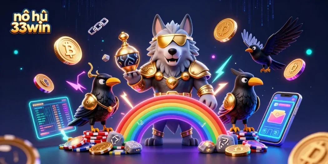 Nổ hũ 33win gaming illustration showcasing Odin and ravens amidst vibrant casino elements.
