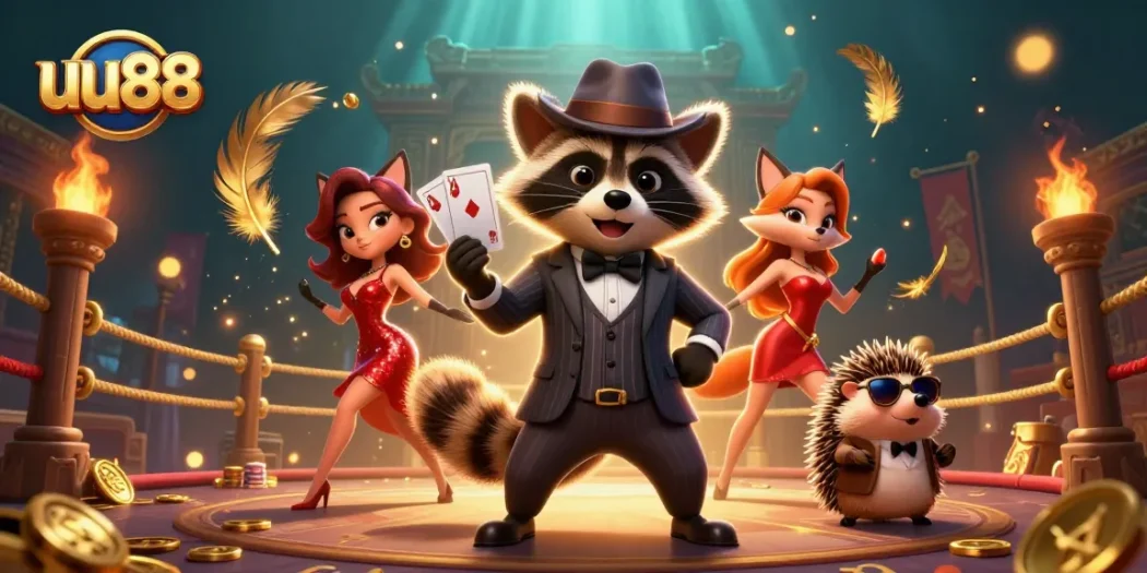 The charming raccoon and fox at uu88 showcase an exciting casino atmosphere with vibrant game elements.