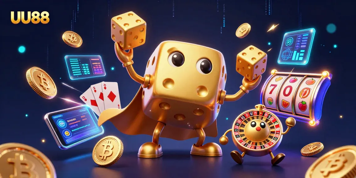 Experience thrilling slots with UU88 as golden dice juggle amidst glowing crypto coins and electrifying elements.