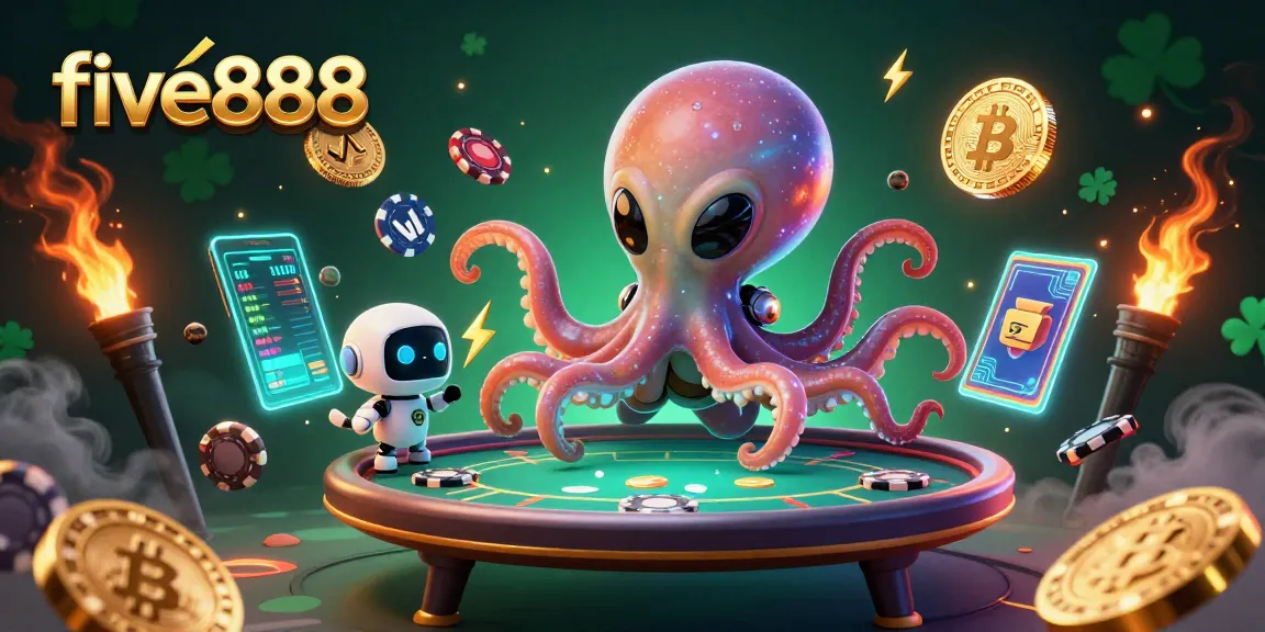 Experience the exciting five888 alien poker universe with glowing bitcoin and neon elements.